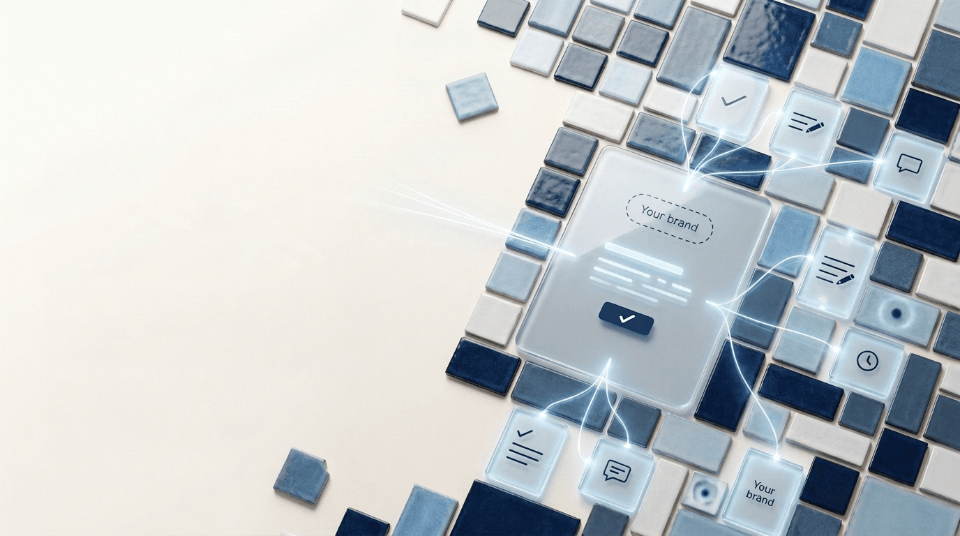Illustration: a glass product panel marked Your brand, set into blue ceramic tiles, with threads of light running out to smaller glowing tiles where work is being done.